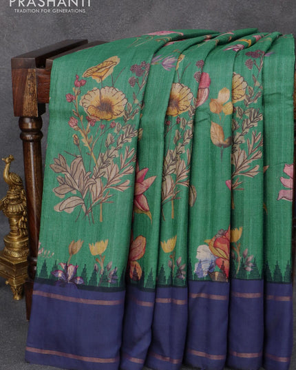 Pure tussar silk saree green shade and blue with allover floral prints and temple design zari woven border - CVF3588 - {{ collection.title }} by Prashanti Sarees
