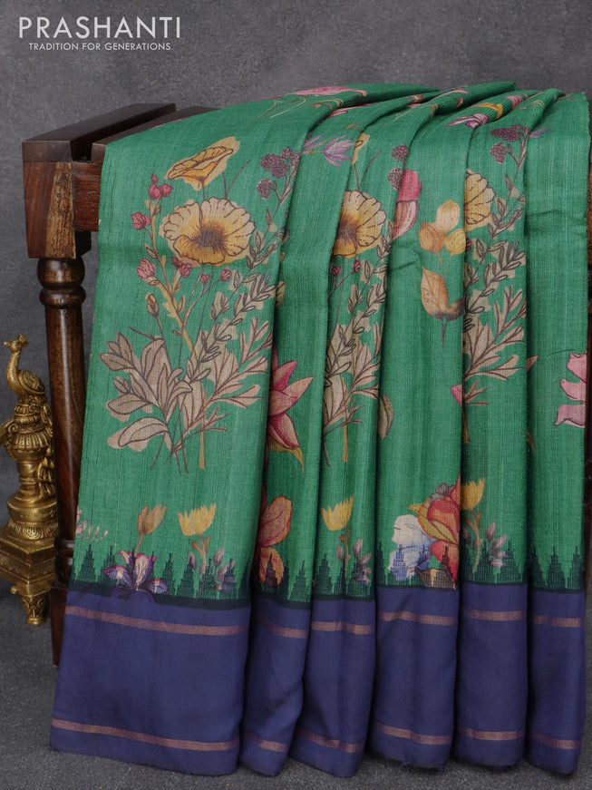 Pure tussar silk saree green shade and blue with allover floral prints and temple design zari woven border - CVF3588 - {{ collection.title }} by Prashanti Sarees