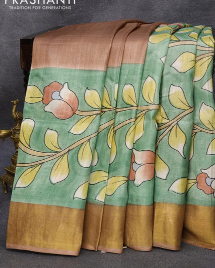 Pure tussar silk saree green shade and brown shade with hand painted kalamkari prints and zari woven border - {{ collection.title }} by Prashanti Sarees