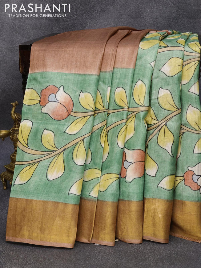 Pure tussar silk saree green shade and brown shade with hand painted kalamkari prints and zari woven border - {{ collection.title }} by Prashanti Sarees