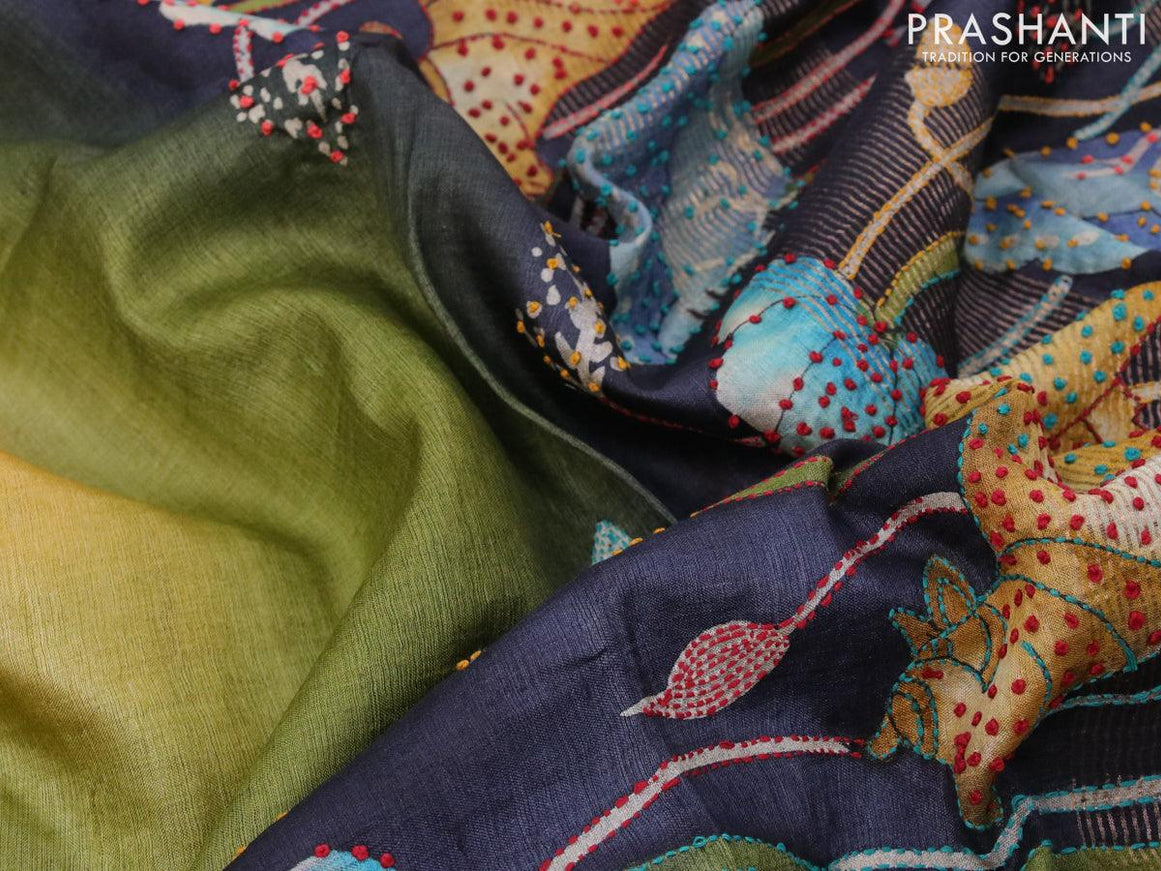 Pure tussar silk saree green shade and elephant grey with floral prints & french knot work and zari woven border - {{ collection.title }} by Prashanti Sarees