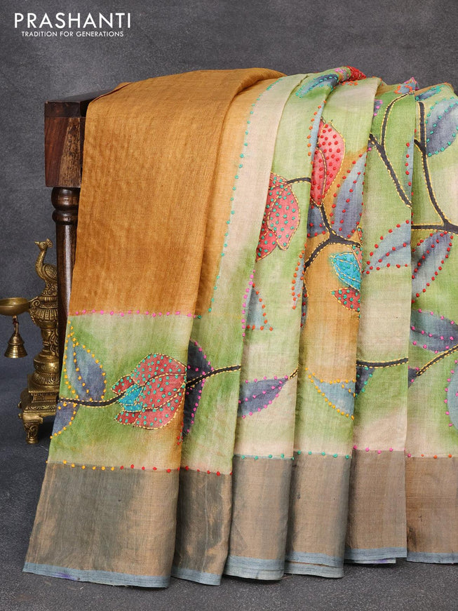 Pure tussar silk saree green shade and grey with floral prints & french knot work and zari woven border - {{ collection.title }} by Prashanti Sarees