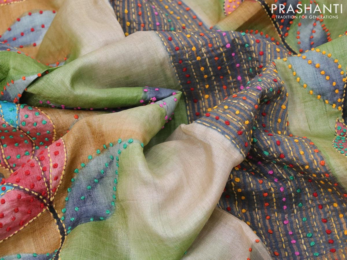 Pure tussar silk saree green shade and grey with floral prints & french knot work and zari woven border - {{ collection.title }} by Prashanti Sarees