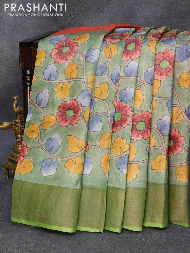 Pure tussar silk saree green shade and light green with hand painted floral prints and zari woven border - {{ collection.title }} by Prashanti Sarees