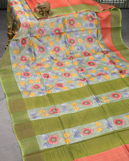 Pure tussar silk saree green shade and light green with hand painted floral prints and zari woven border - {{ collection.title }} by Prashanti Sarees