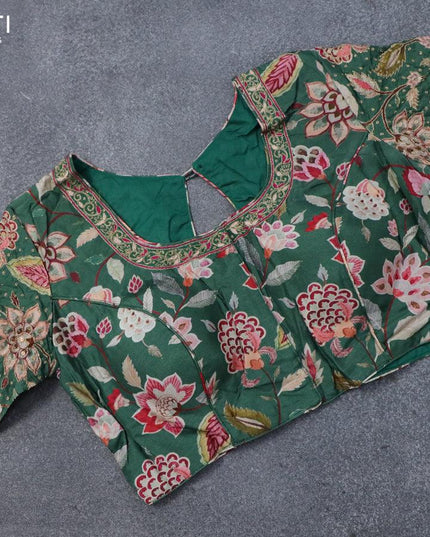 Pure tussar silk saree green with allover zari checked pattern & zari woven border and pen kalamkari embroidery work readymade blouse - {{ collection.title }} by Prashanti Sarees