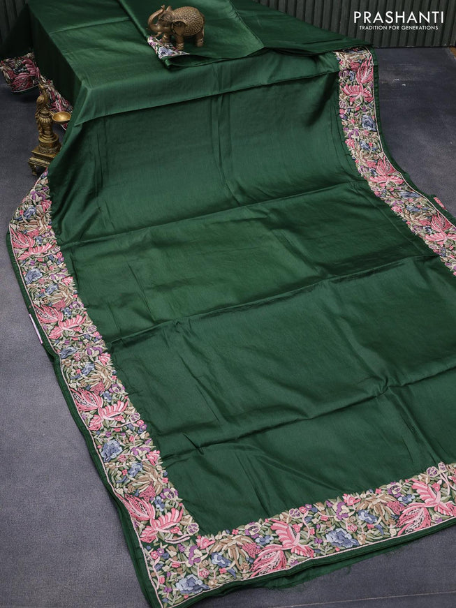 Pure tussar silk saree green with plain body and floral design embroidery work border - {{ collection.title }} by Prashanti Sarees
