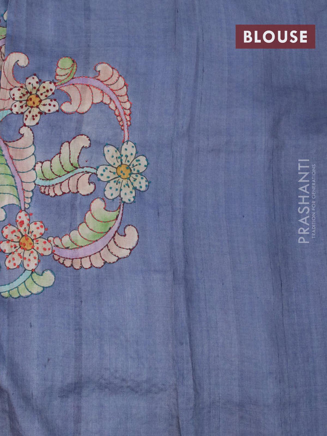 Pure tussar silk saree grey and brown with allover kalamkari prints & french knot work and simple border - {{ collection.title }} by Prashanti Sarees