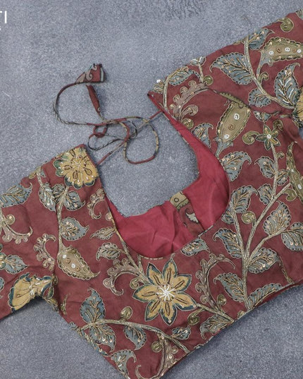 Pure tussar silk saree grey and brown with allover zari checked pattern & zari woven border and pen kalamkari embroidery work readymade blouse - {{ collection.title }} by Prashanti Sarees