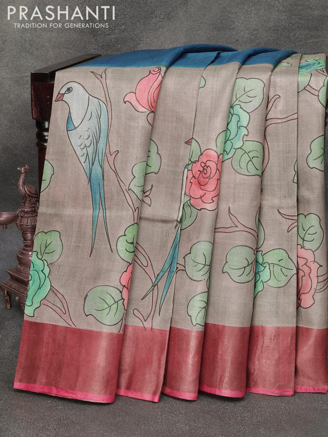 Pure tussar silk saree grey and dark pink with hand painted floral prints and zari woven border - {{ collection.title }} by Prashanti Sarees
