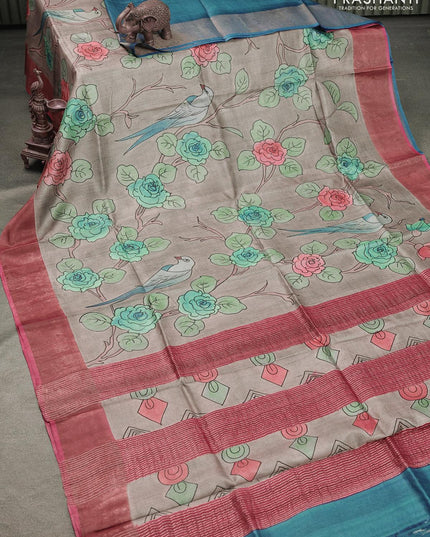 Pure tussar silk saree grey and dark pink with hand painted floral prints and zari woven border - {{ collection.title }} by Prashanti Sarees