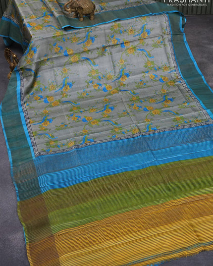 Pure tussar silk saree grey and light blue with allover floral prints and zari woven border - {{ collection.title }} by Prashanti Sarees