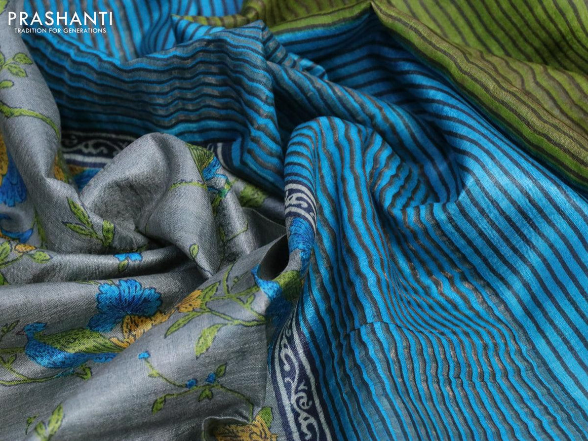 Pure tussar silk saree grey and light blue with allover floral prints and zari woven border - {{ collection.title }} by Prashanti Sarees