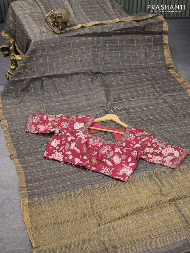 Pure tussar silk saree grey and maroon with allover zari checked pattern & zari woven border and pen kalamkari embroidery work readymade blouse - {{ collection.title }} by Prashanti Sarees