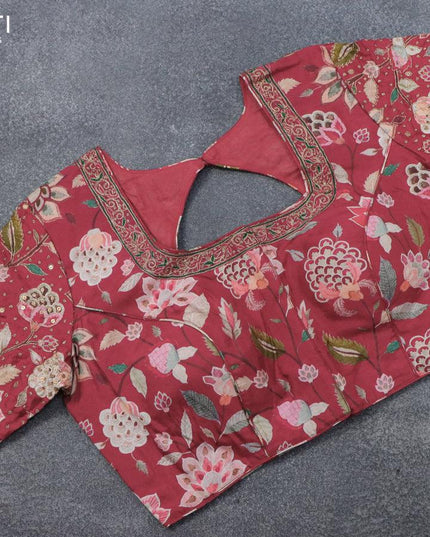 Pure tussar silk saree grey and maroon with allover zari checked pattern & zari woven border and pen kalamkari embroidery work readymade blouse - {{ collection.title }} by Prashanti Sarees
