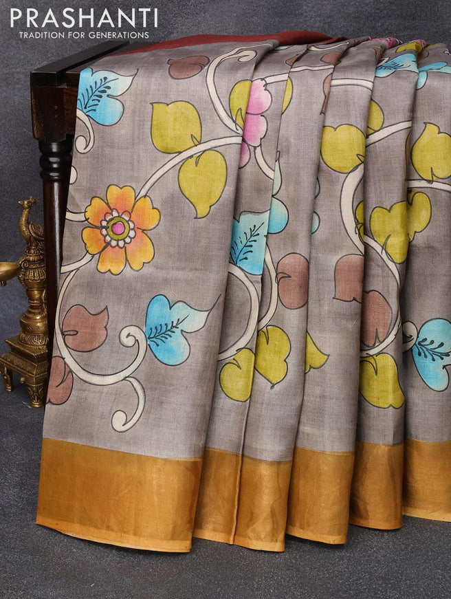 Pure tussar silk saree grey and mustard yellow with hand painted prints and zari woven border - {{ collection.title }} by Prashanti Sarees