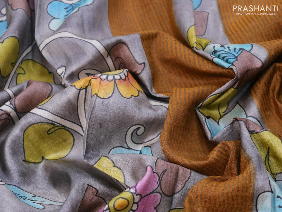 Pure tussar silk saree grey and mustard yellow with hand painted prints and zari woven border - {{ collection.title }} by Prashanti Sarees