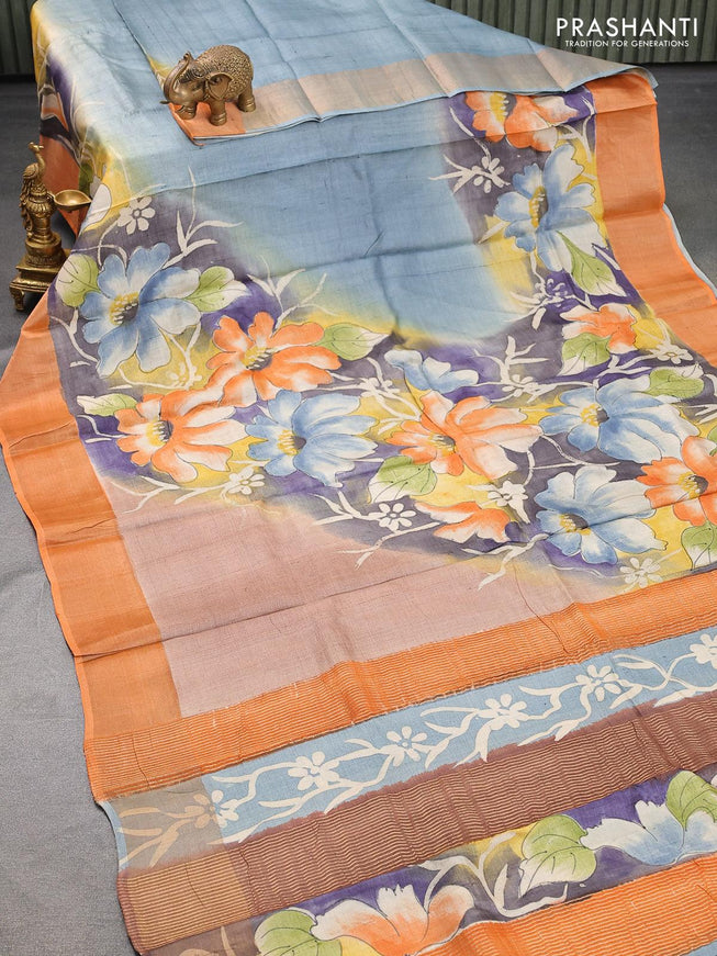 Pure tussar silk saree grey and orange with hand painted floral prints and zari woven border - {{ collection.title }} by Prashanti Sarees