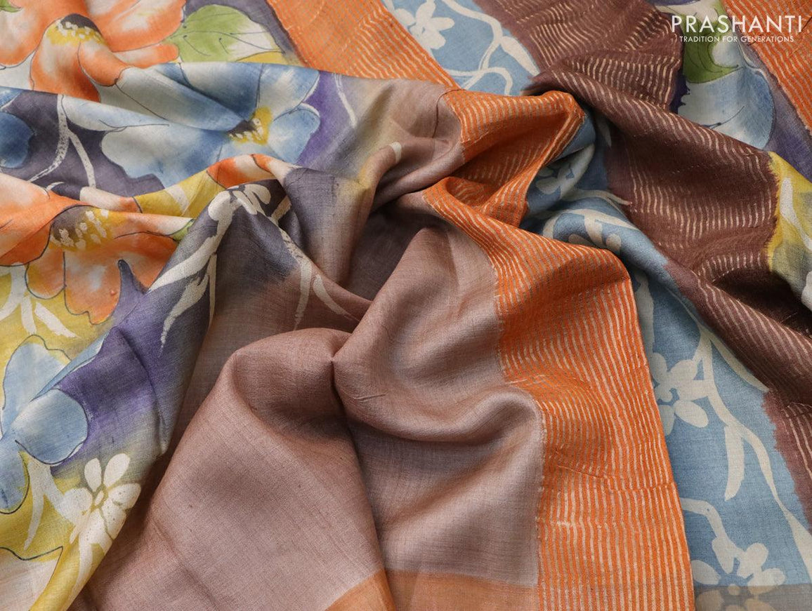 Pure tussar silk saree grey and orange with hand painted floral prints and zari woven border - {{ collection.title }} by Prashanti Sarees
