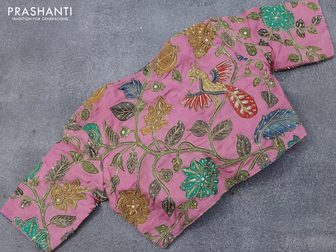 Pure tussar silk saree grey and pastel pink with allover zari checked pattern & zari woven border and pen kalamkari embroidery work readymade blouse - {{ collection.title }} by Prashanti Sarees