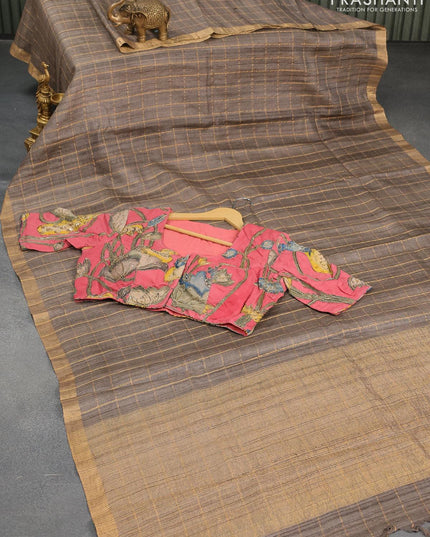 Pure tussar silk saree grey and pink with allover zari checked pattern and zari woven border and pichwai prints embroidery work blouse - {{ collection.title }} by Prashanti Sarees