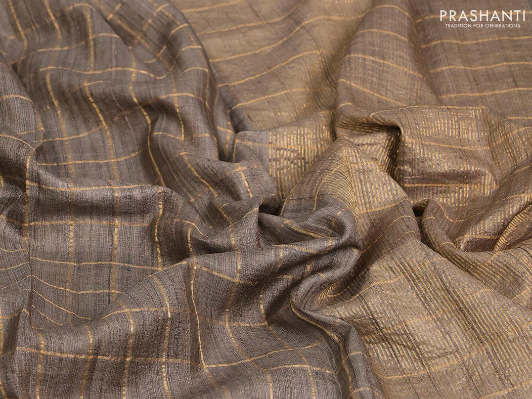 Pure tussar silk saree grey and pink with allover zari checked pattern and zari woven border and pichwai prints embroidery work blouse - {{ collection.title }} by Prashanti Sarees