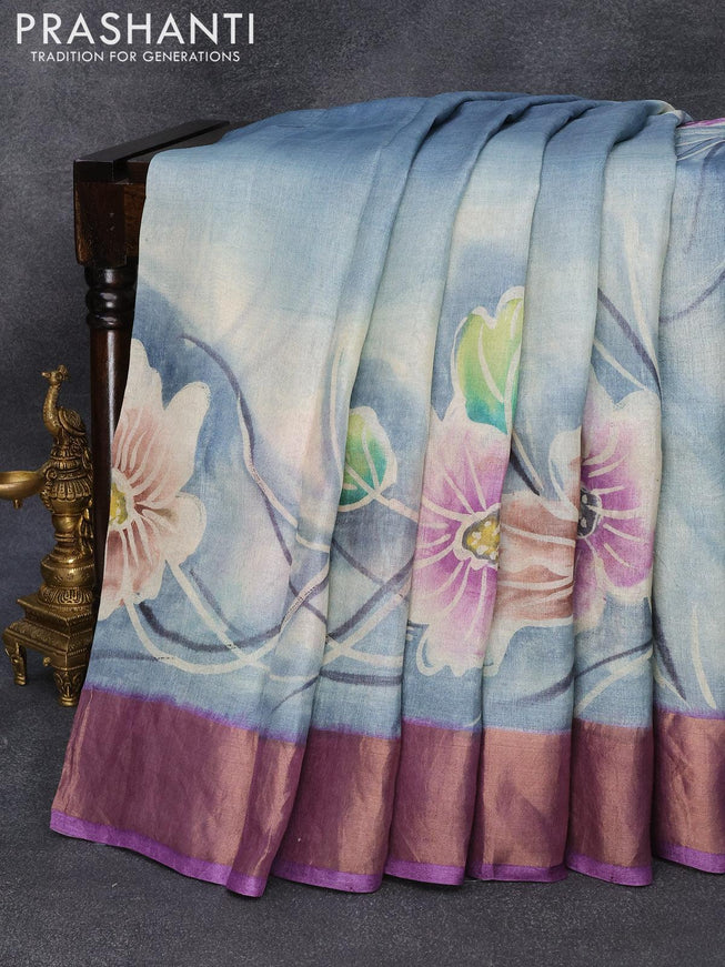 Pure tussar silk saree grey and violet with hand painted floral prints and zari woven border - {{ collection.title }} by Prashanti Sarees