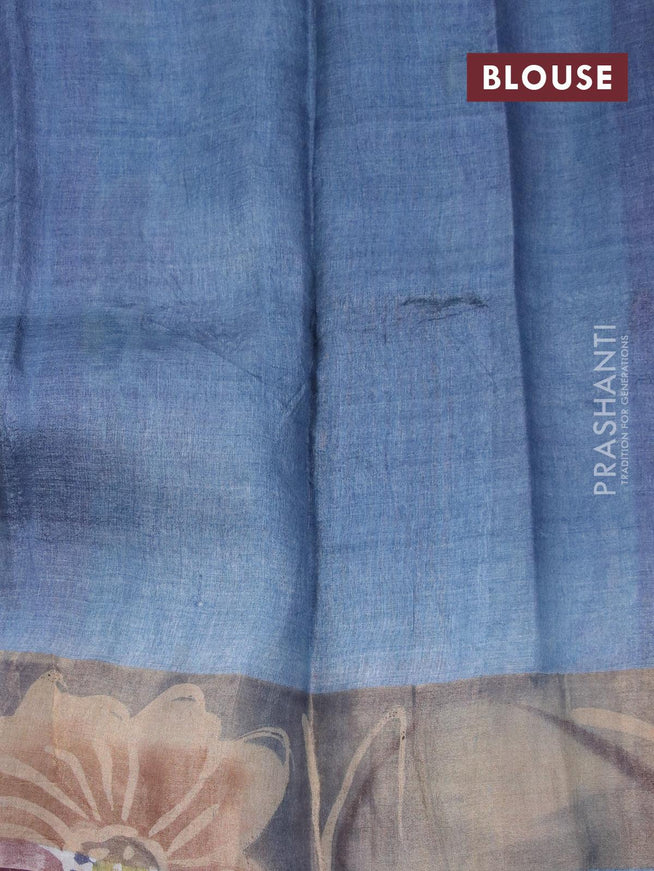 Pure tussar silk saree grey and violet with hand painted floral prints and zari woven border - {{ collection.title }} by Prashanti Sarees