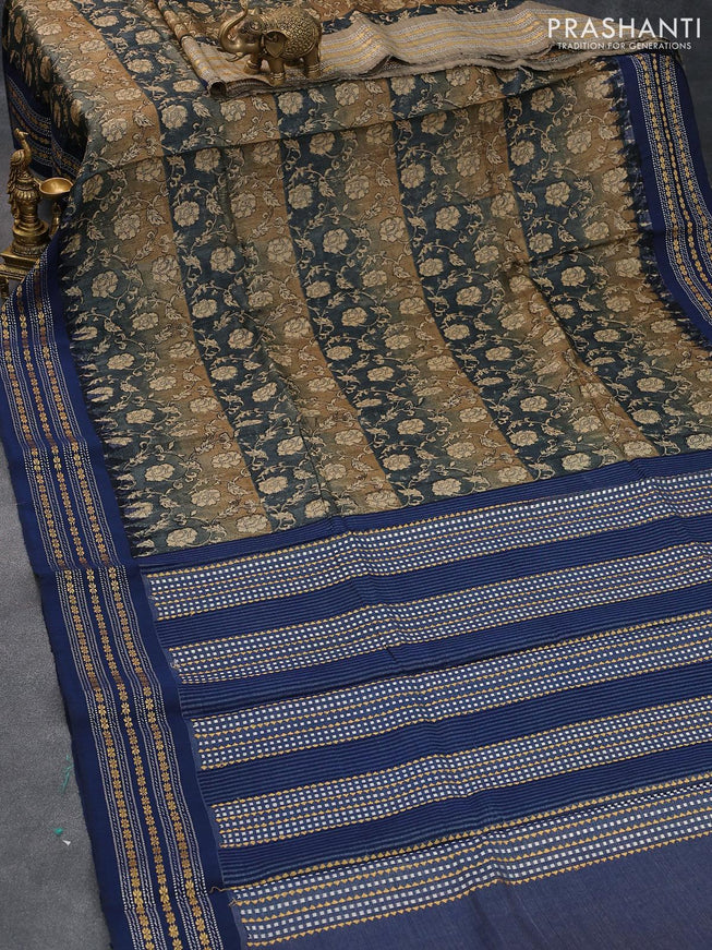 Pure tussar silk saree grey khaki shade and dark blue with allover floral prints and temple design vidarbha border - {{ collection.title }} by Prashanti Sarees