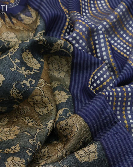 Pure tussar silk saree grey khaki shade and dark blue with allover floral prints and temple design vidarbha border - {{ collection.title }} by Prashanti Sarees