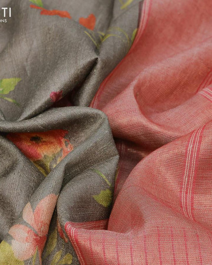 Pure tussar silk saree grey khaki shade and red with allover floral prints and temple design zari woven border - {{ collection.title }} by Prashanti Sarees