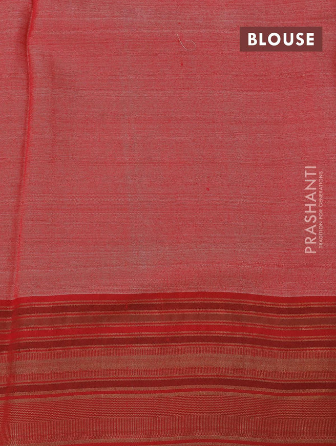 Pure tussar silk saree grey khaki shade and red with allover floral prints and temple design zari woven border - {{ collection.title }} by Prashanti Sarees