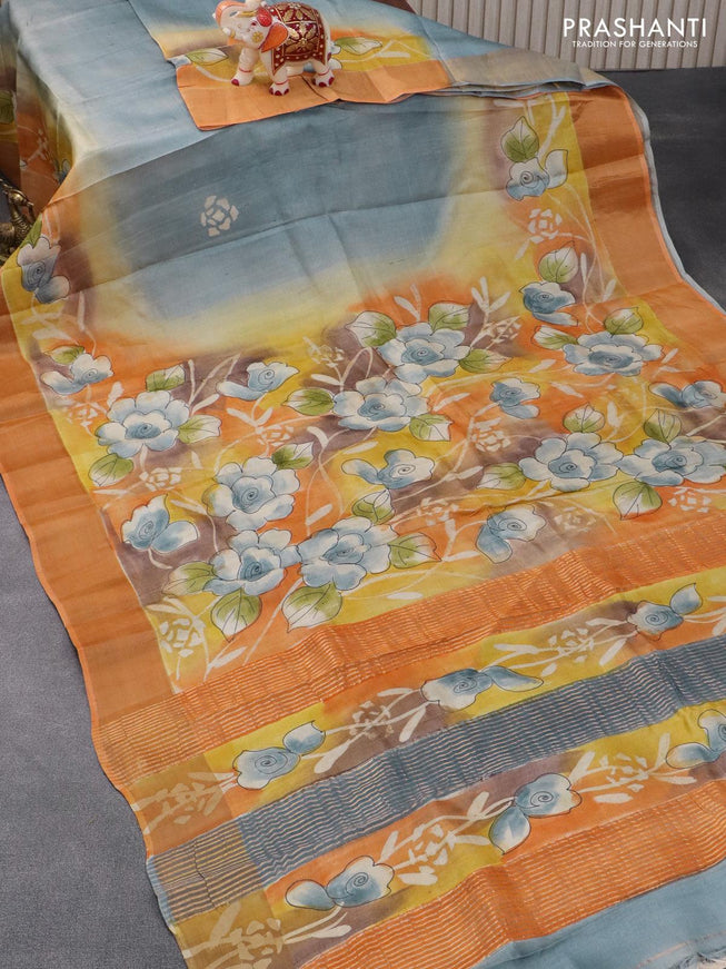 Pure tussar silk saree grey shade and orange with hand painted floral prints and zari woven border - {{ collection.title }} by Prashanti Sarees