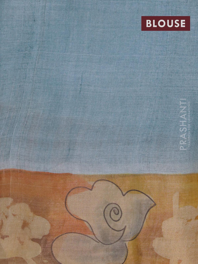 Pure tussar silk saree grey shade and orange with hand painted floral prints and zari woven border - {{ collection.title }} by Prashanti Sarees