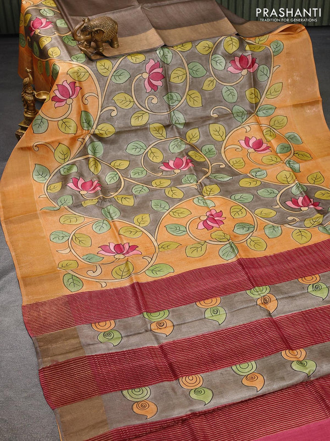 Pure tussar silk saree grey shade and pale orange with hand painted kalamkari prints and zari woven border - {{ collection.title }} by Prashanti Sarees