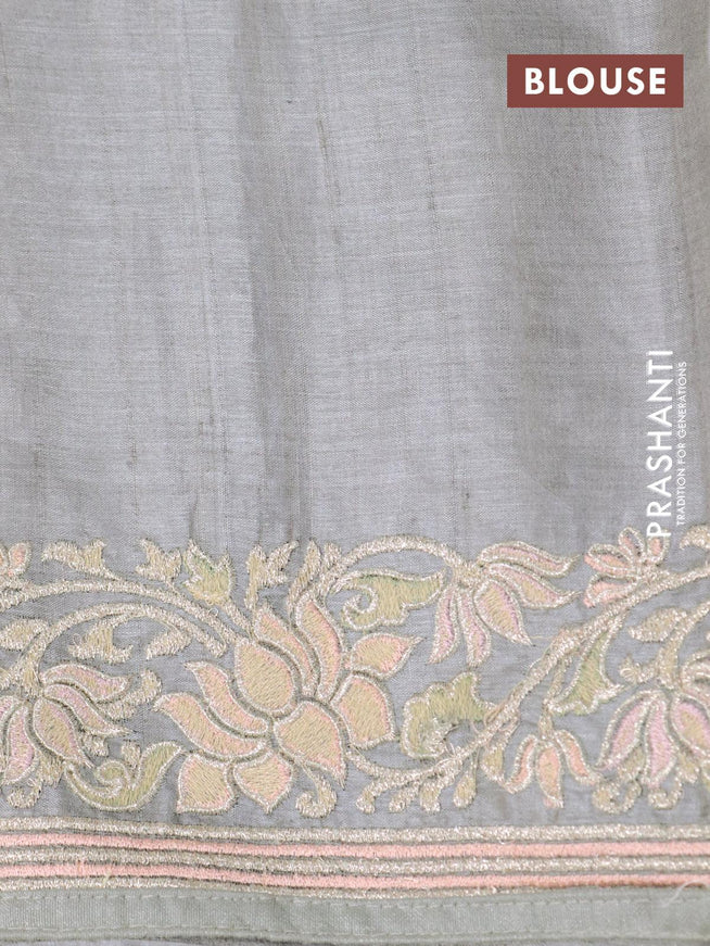 Pure tussar silk saree grey with allover embroidery work and floral embroidery work border - {{ collection.title }} by Prashanti Sarees