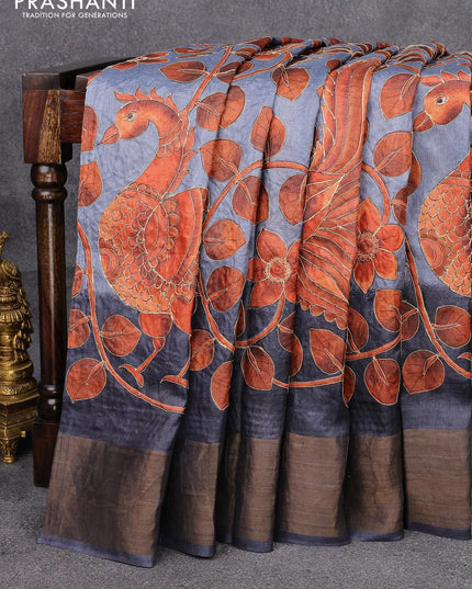 Pure tussar silk saree grey with allover kalamkari prints & embroidery work and zari woven border - {{ collection.title }} by Prashanti Sarees