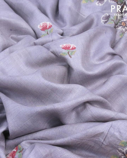 Pure tussar silk saree grey with floral embroidery buttas and floral design embroidery work border - {{ collection.title }} by Prashanti Sarees