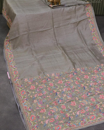 Pure tussar silk saree grey with plain body and floral embroidery work border - {{ collection.title }} by Prashanti Sarees