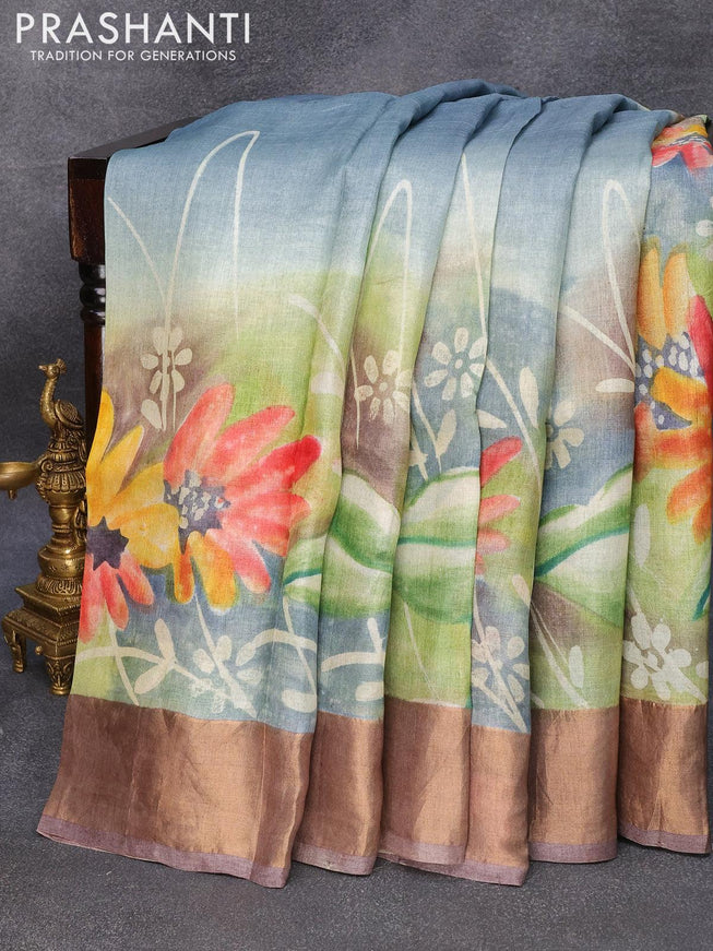 Pure tussar silk saree greyish blue and brown shade with hand painted floral prints and zari woven border - {{ collection.title }} by Prashanti Sarees