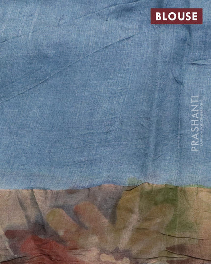 Pure tussar silk saree greyish blue and brown shade with hand painted floral prints and zari woven border - {{ collection.title }} by Prashanti Sarees