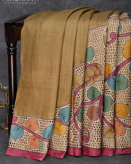 Pure tussar silk saree khaki shade and deep maroon with allover kalamkari prints and cut work - {{ collection.title }} by Prashanti Sarees