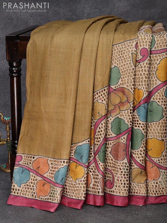 Pure tussar silk saree khaki shade and deep maroon with allover kalamkari prints and cut work - {{ collection.title }} by Prashanti Sarees