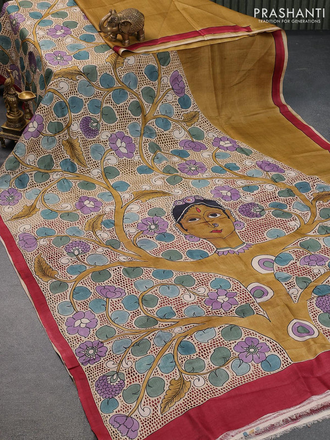 Pure tussar silk saree khaki shade and maroon with allover kalamkari prints and cut work - {{ collection.title }} by Prashanti Sarees