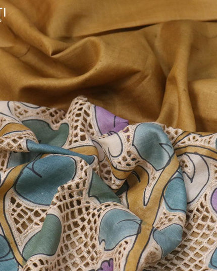 Pure tussar silk saree khaki shade and maroon with allover kalamkari prints and cut work - {{ collection.title }} by Prashanti Sarees