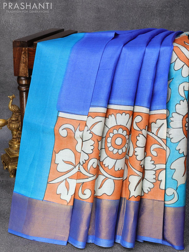 Pure tussar silk saree light blue and blue with hand painted floral prints and zari woven border - {{ collection.title }} by Prashanti Sarees