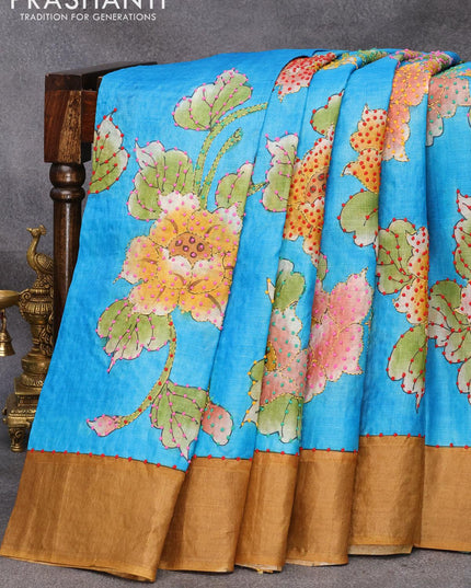 Pure tussar silk saree light blue and mustard yellow with floral prints & french knot work and zari woven border - {{ collection.title }} by Prashanti Sarees