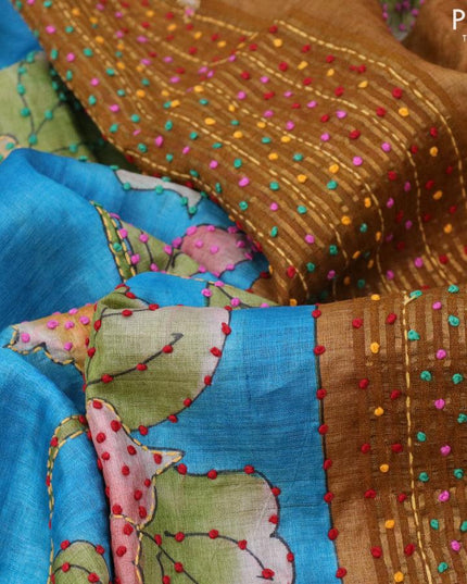 Pure tussar silk saree light blue and mustard yellow with floral prints & french knot work and zari woven border - {{ collection.title }} by Prashanti Sarees