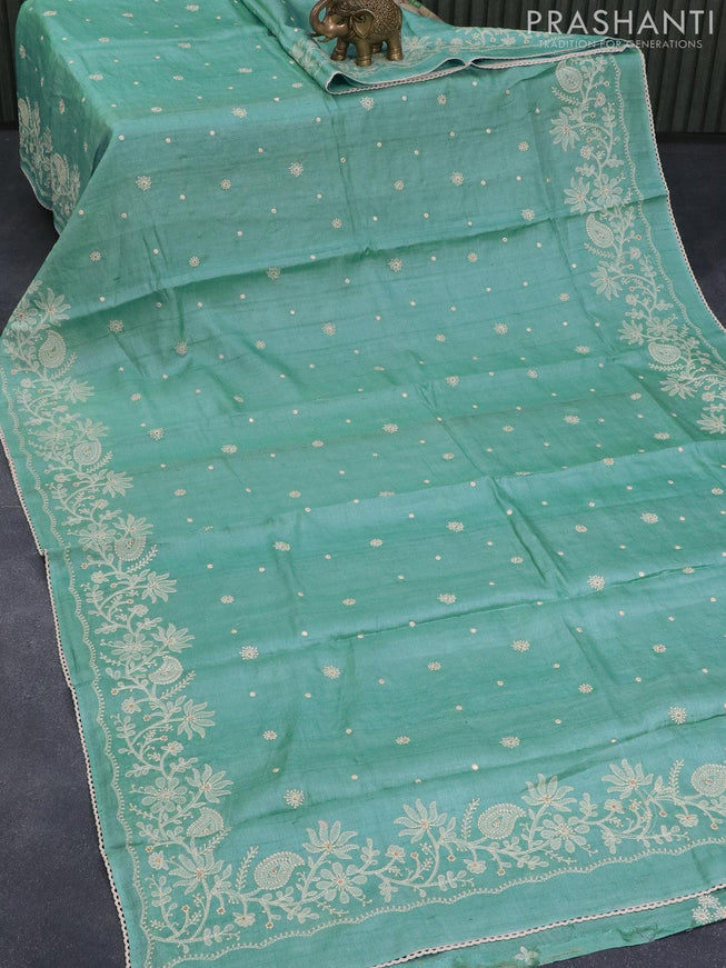 Pure tussar silk saree light blue with allover floral lucknowi work and crocia lace border - {{ collection.title }} by Prashanti Sarees