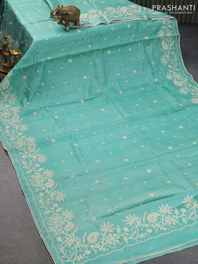 Pure tussar silk saree light blue with allover floral lucknowi work and crocia lace border - {{ collection.title }} by Prashanti Sarees